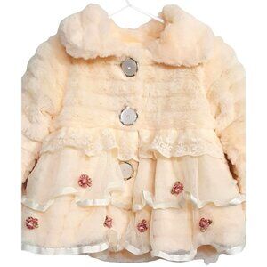 Little Girls Faux Fur Coat Jacket Peach 6 Lace Trim Rosebuds NWT